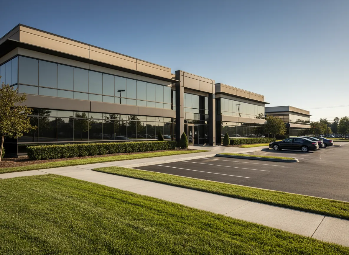 Neatly maintained commercial property with trimmed hedges